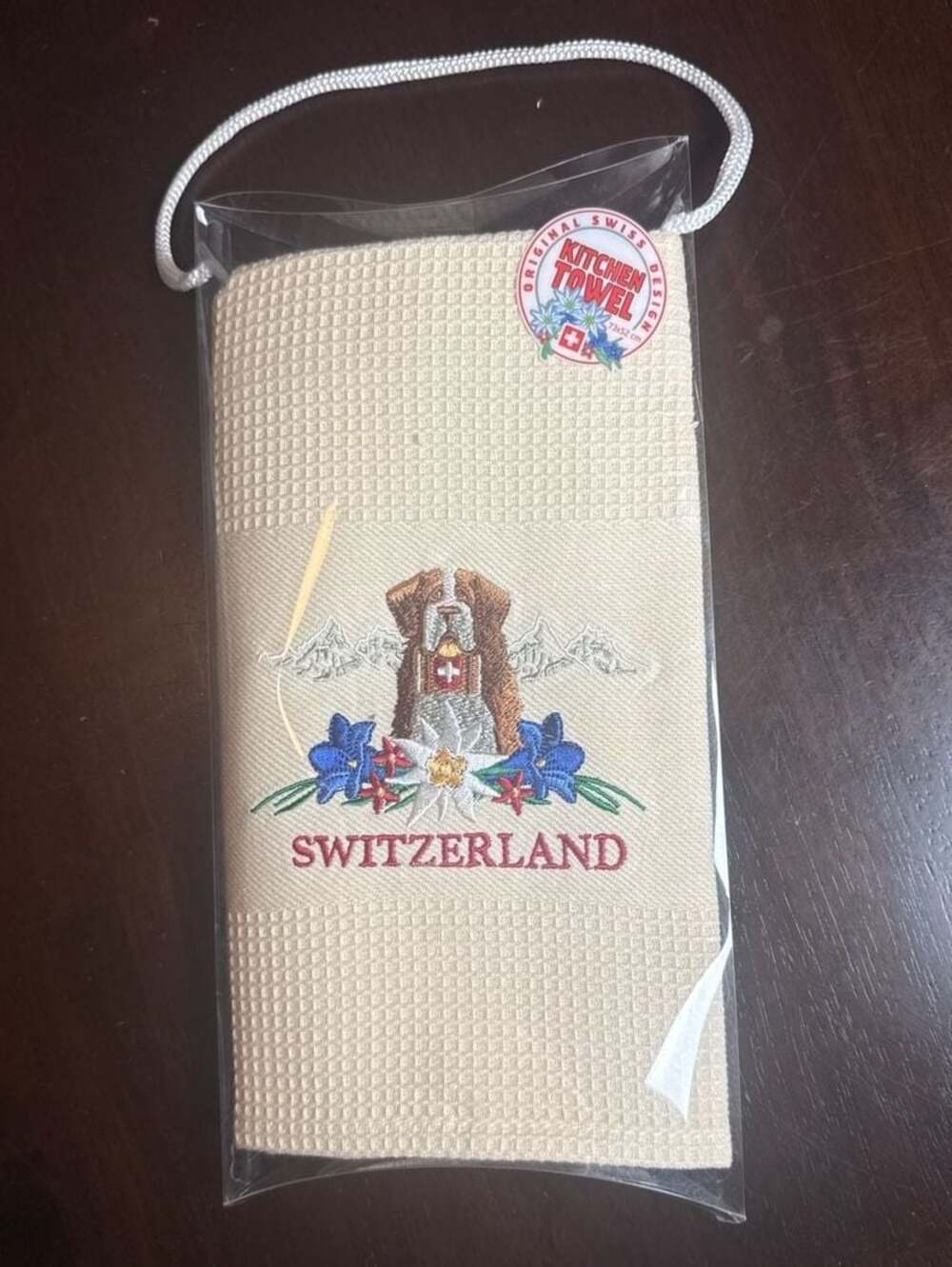 Switzerland Embroidered St. Bernard Waffle Weave Kitchen Towel Sealed